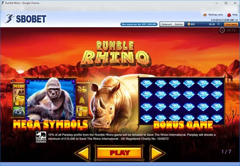 Rumble Rhino intro screen showing a gorilla Mega Symbol, a charging rhino and a grid of blue diamonds labelled Bonus Game