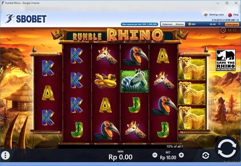 Rumble Rhino six-reel grid over a sunset savanna, with giraffe, hornbill, snake, zebra and cheetah symbols and letter cards, and a bet of Rp10.00