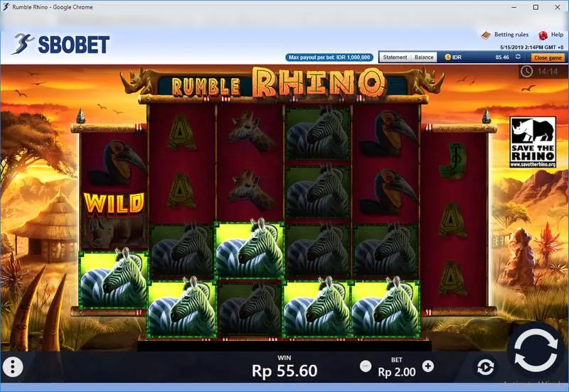 A zebra win lit up across the reels with a wild on reel one and a win of Rp55.60 at a Rp2.00 bet