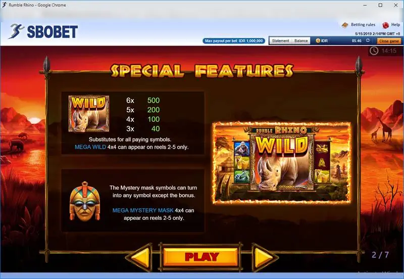 Special Features page: the Wild pays 40 for three up to 500 for six, and the Mystery mask turns into any symbol except the bonus
