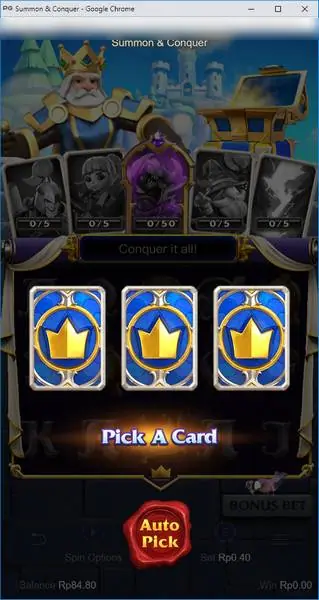 Three face-down blue cards with gold crowns and a Pick A Card prompt, with an Auto Pick button below