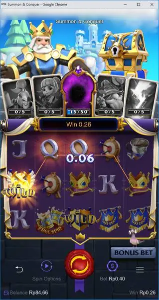 Summon and Conquer reels showing two Wild symbols and a winning line of 0.06 with a total win of 0.26