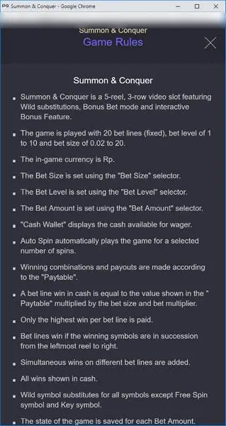 Summon and Conquer game rules page listing 5 reels, 3 rows, 20 fixed lines, bet level 1 to 10 and bet size 0.02 to 20