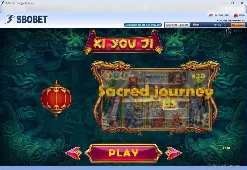 Xi You Ji intro screen with a Sacred feature preview, a red lantern and a Play button