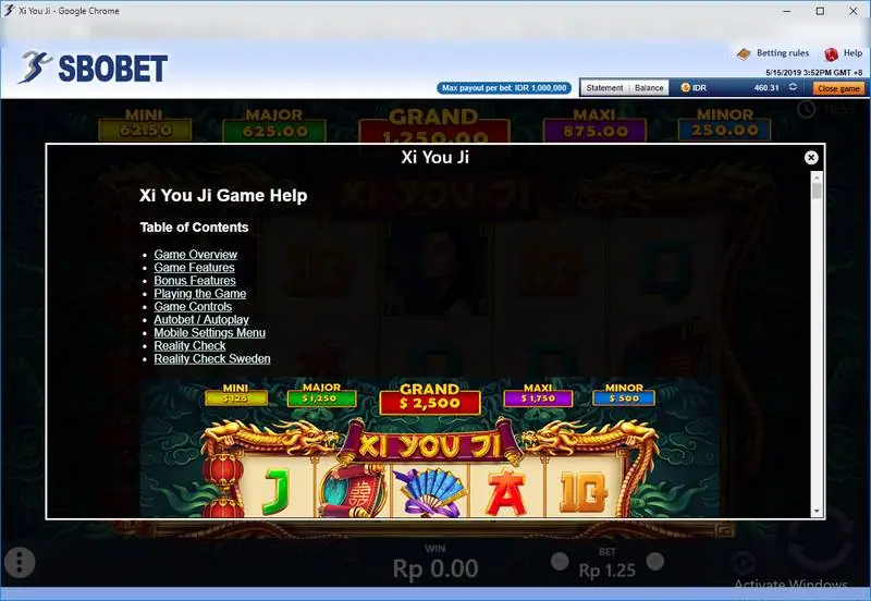 Xi You Ji Game Help window listing game overview, features, bonus features, controls and autoplay