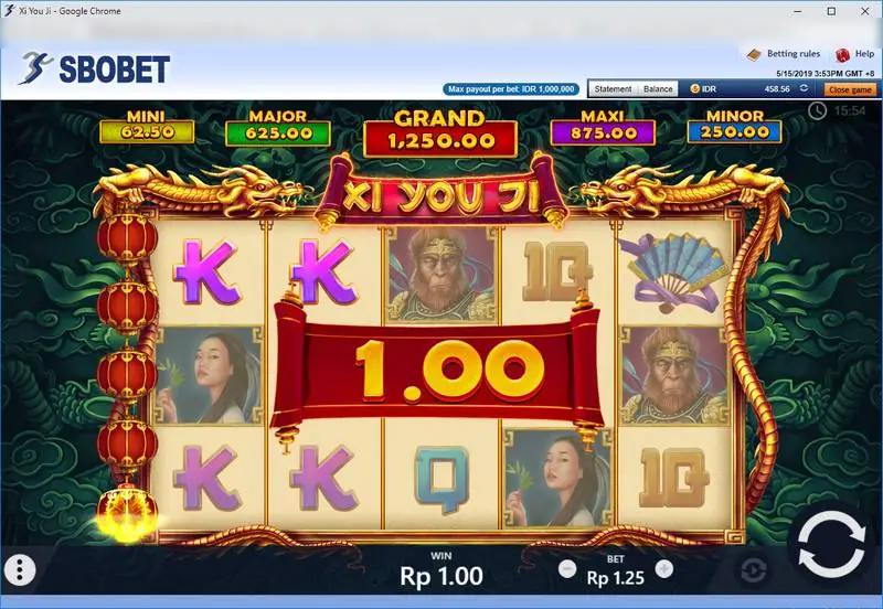 Monkey King and fan symbols on the reels with a win of 1.00 shown on a red scroll banner