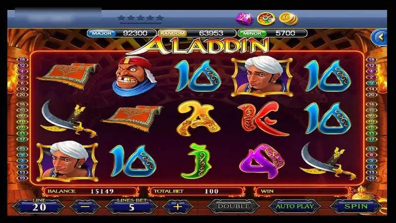 Aladdin slot on XE88 with scimitars, flying carpets, a genie lamp and card symbols on 5 reels, 20 lines set and a bet of 5 per line