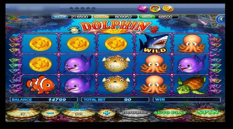 Dolphin slot on XE88 showing gold fish coins, octopus, puffer fish, clownfish and a shark WILD on 5 reels with 9 lines