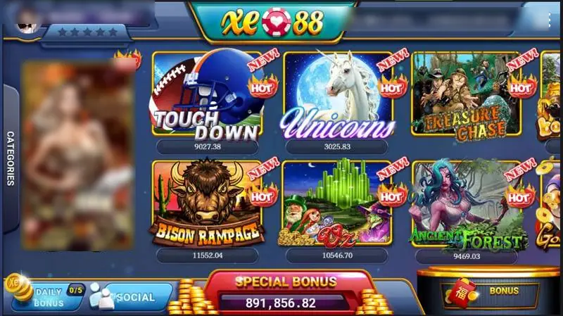 XE88 lobby with game tiles for Touch Down, Unicorns, Treasure Chase, Bison Rampage, Oz and Ancient Forest, a Special Bonus counter at the bottom and Daily Bonus and Social buttons