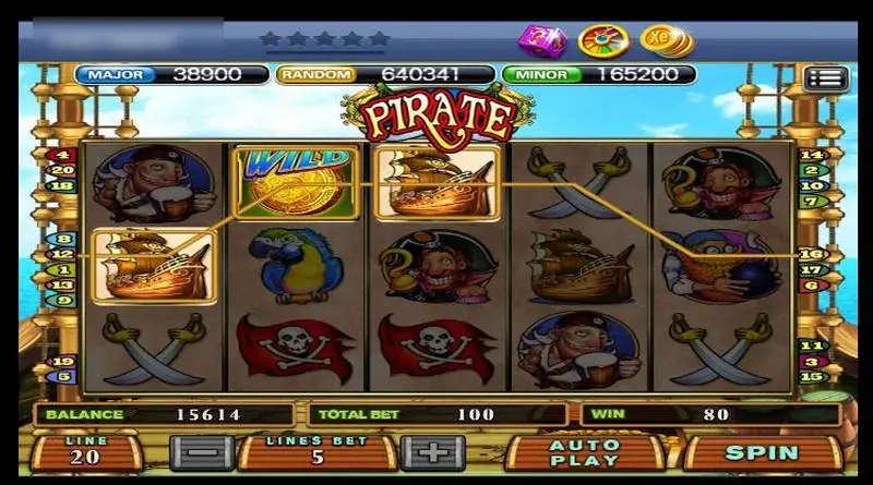 Pirate slot on XE88 with a winning line drawn across a WILD coin and pirate ship symbols