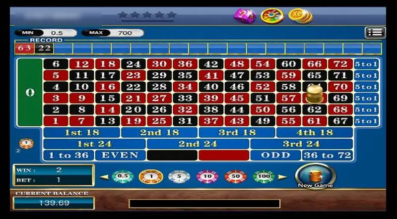 XE88 roulette betting board numbered 0 to 72 with 5 to 1 columns and 1st to 4th 18 bets