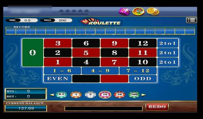 XE88 Mini Roulette board with numbers 0 to 12, 2 to 1 columns and a chip row